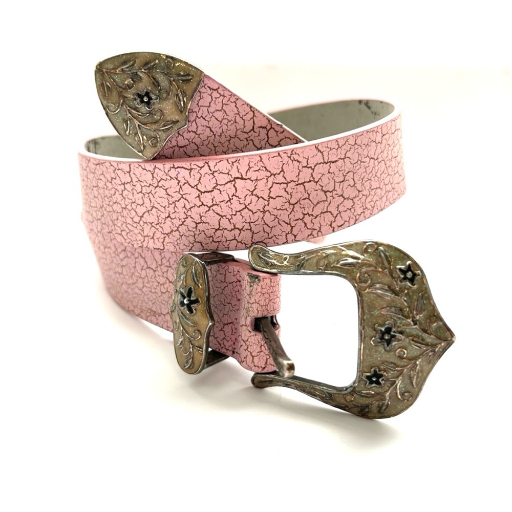 Pink Cracked Leather Belt Silver Floral Buckle Boho Festival size Medium